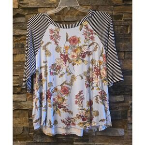 e.Luna Womens 1X Floral Striped Raglan Top Light Blue 3/4 Sleeve Baseball Tee